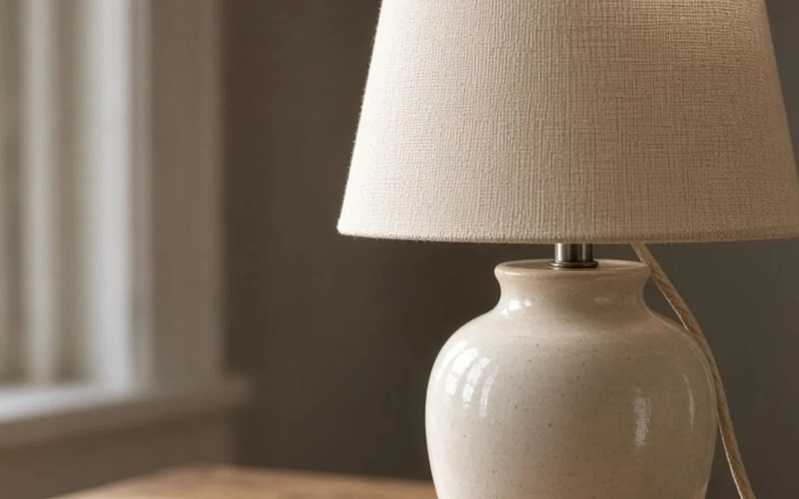 Close crop of a ceramic lamp on an oak desk with pixel damage, the problem this guide is measuring.
