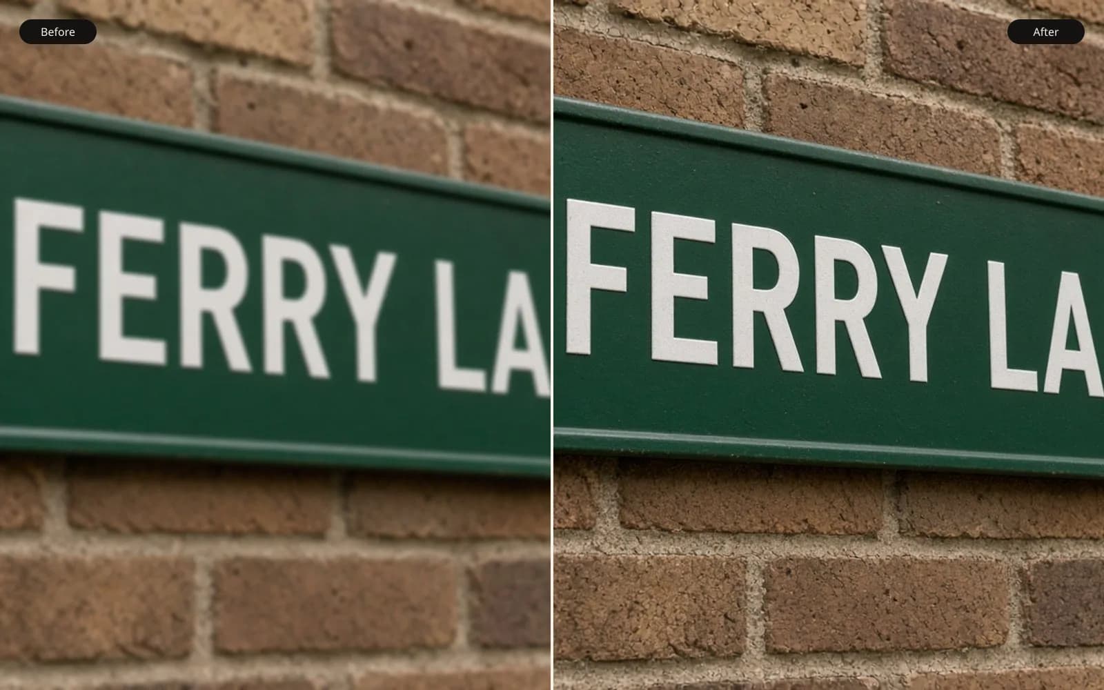 Before and after of a street sign reading FERRY LANE. Left is the blur damage. Right is the same photograph kept sharp.