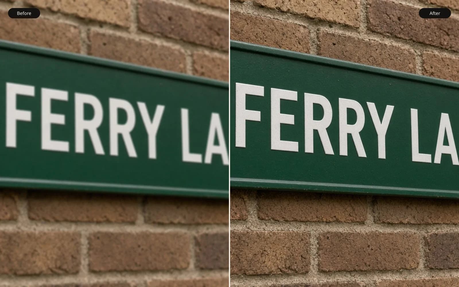 Before and after of a street sign reading FERRY LANE. Left is the blur damage. Right is the same photograph kept sharp.