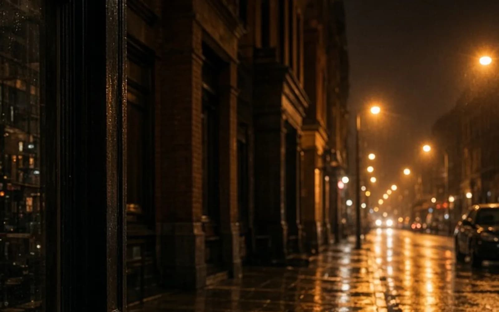 The same crop of a wet night street and a shop window without the grain damage, kept for comparison.