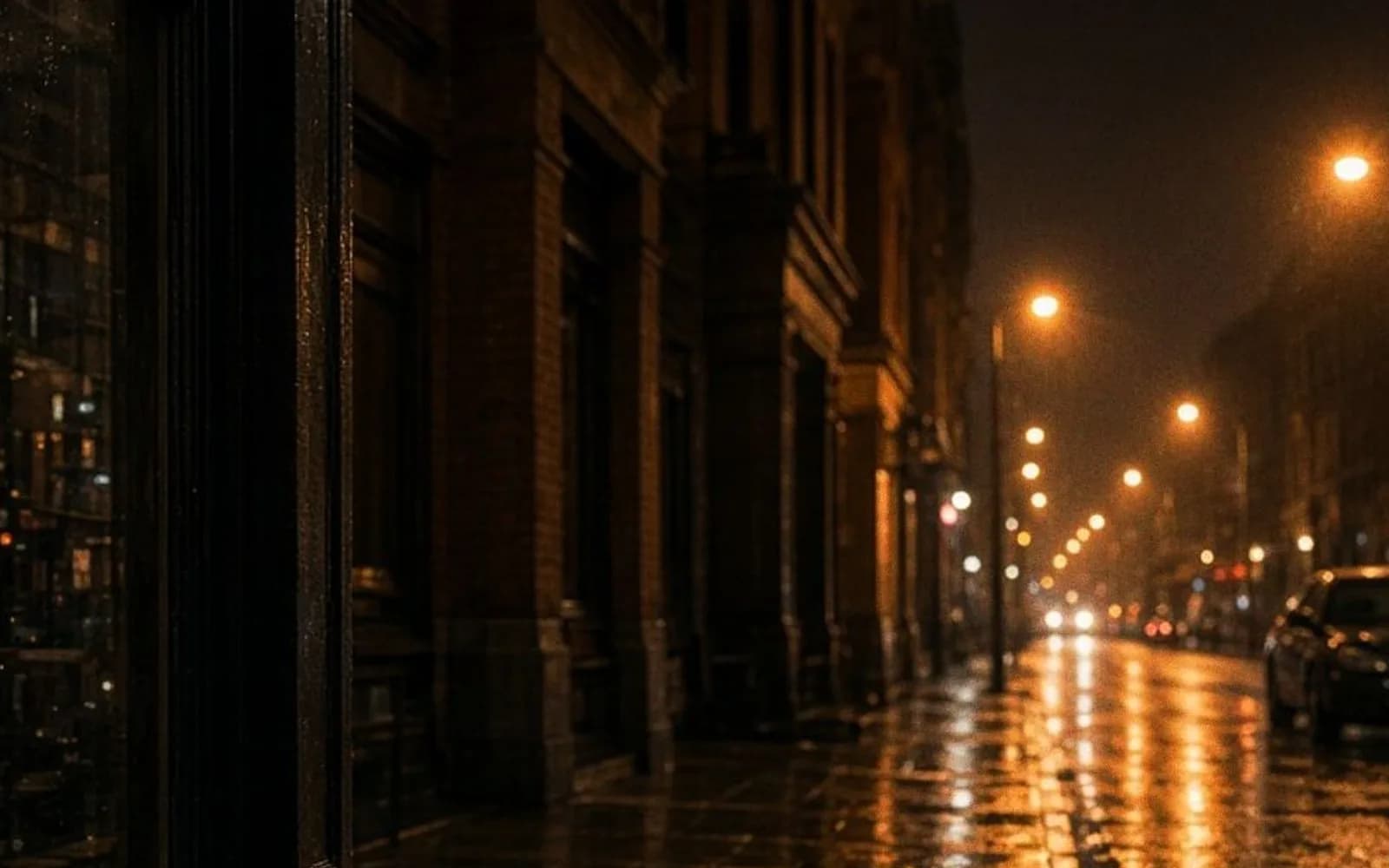 Close crop of a wet night street and a shop window with grain damage, the problem this guide is measuring.