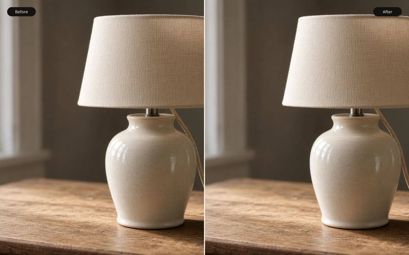 Before and after of a ceramic lamp on an oak desk. Left is the pixel damage. Right is the same photograph kept sharp.