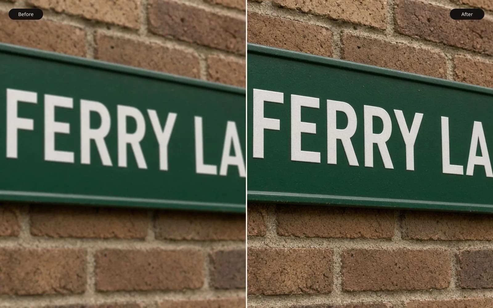 Before and after of a street sign reading FERRY LANE. Left is the blur damage. Right is the same photograph kept sharp.