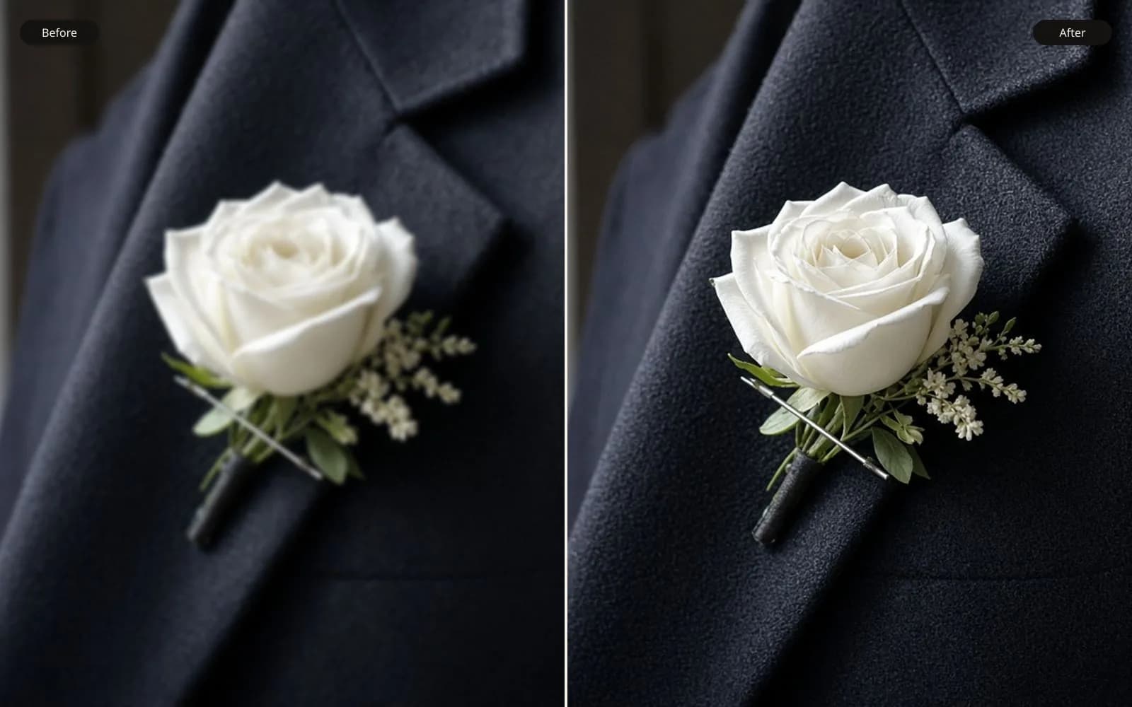 Before and after of a boutonniere on a wool lapel. Left is the blur damage. Right is the same photograph kept sharp.