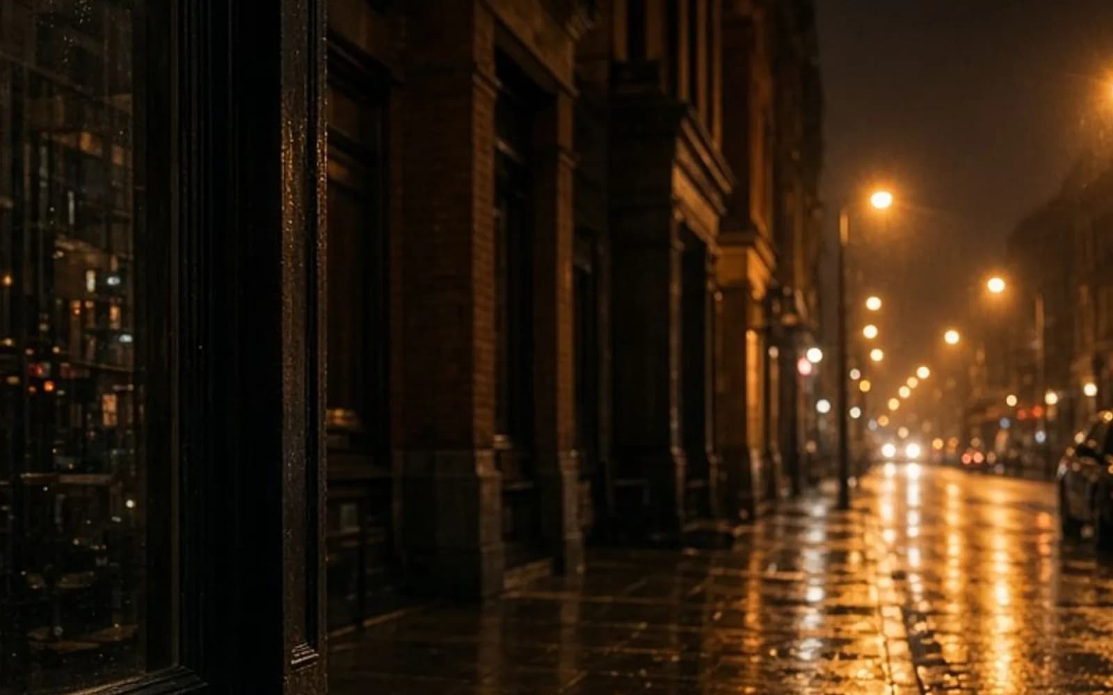 The same crop of a wet night street and a shop window without the grain damage, kept for comparison.