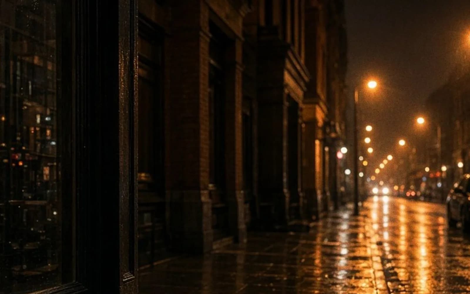 Close crop of a wet night street and a shop window with grain damage, the problem this guide is measuring.
