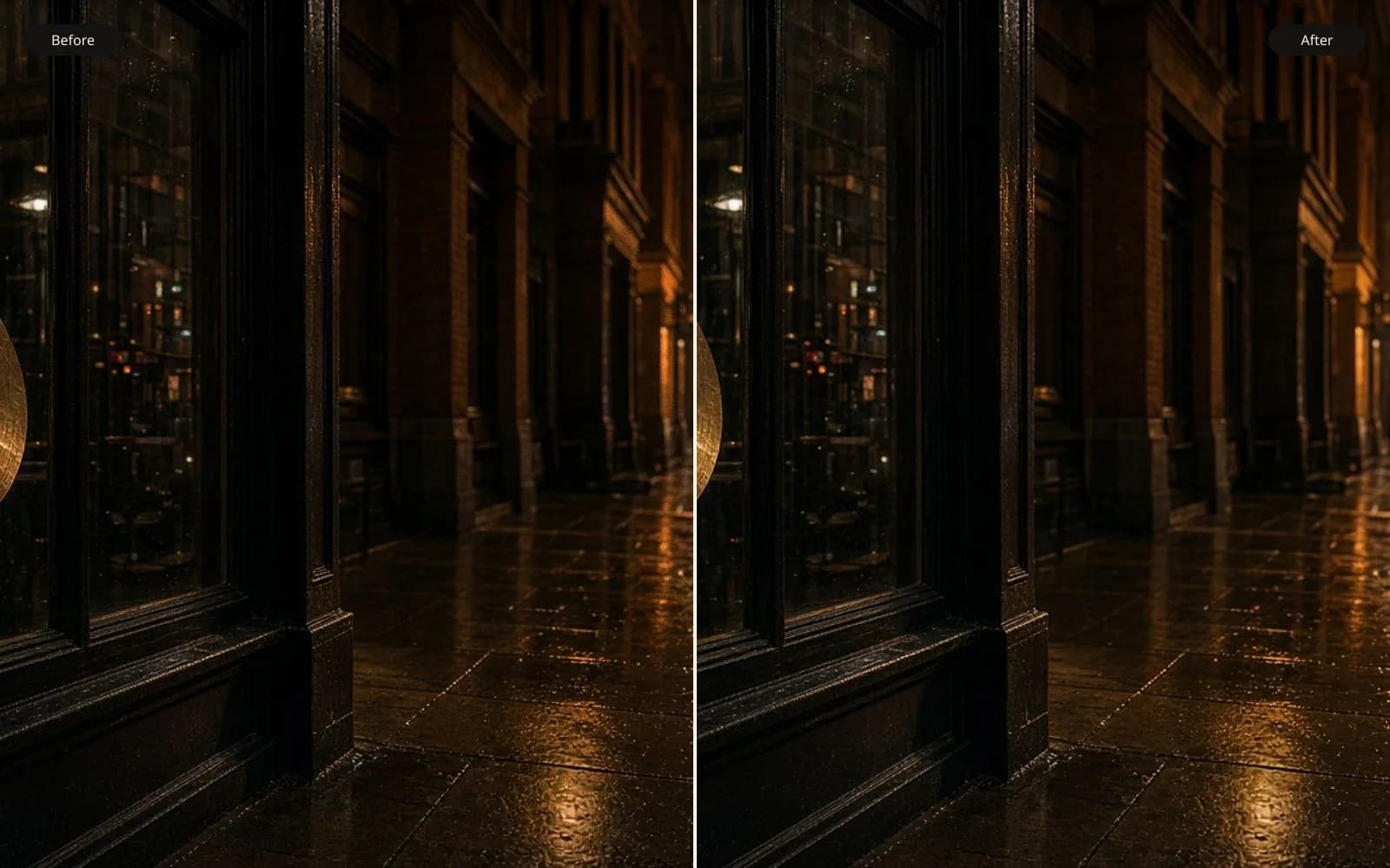 Before and after of a wet night street and a shop window. Left is the grain damage. Right is the same photograph kept sharp.