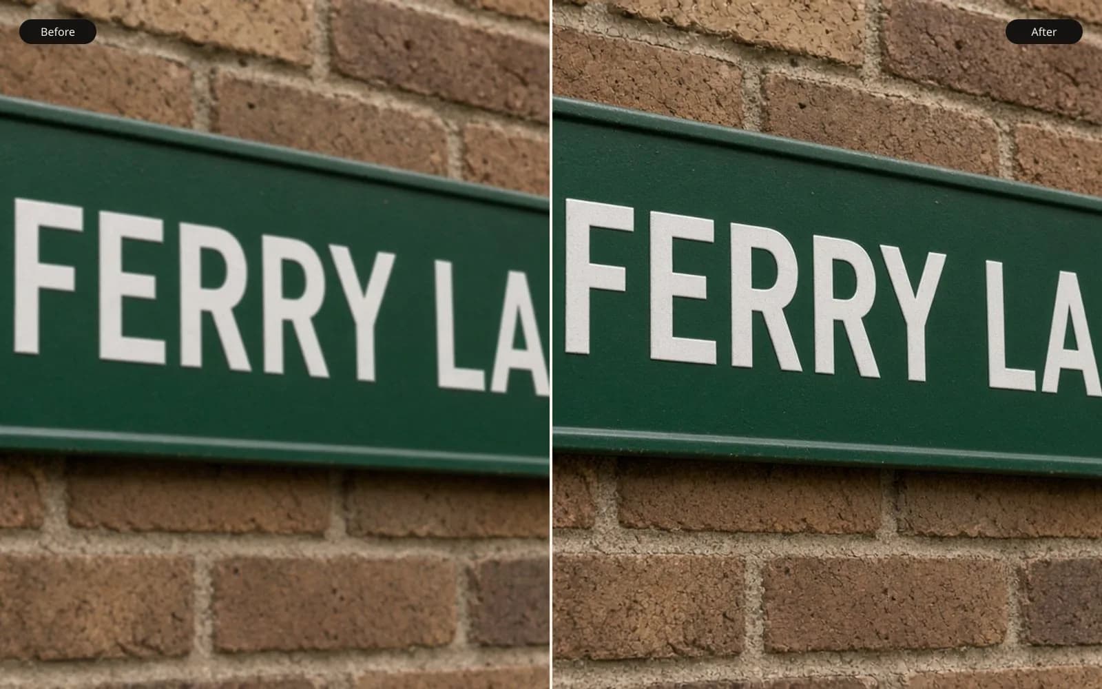 Before and after of a street sign reading FERRY LANE. Left is the blur damage. Right is the same photograph kept sharp.