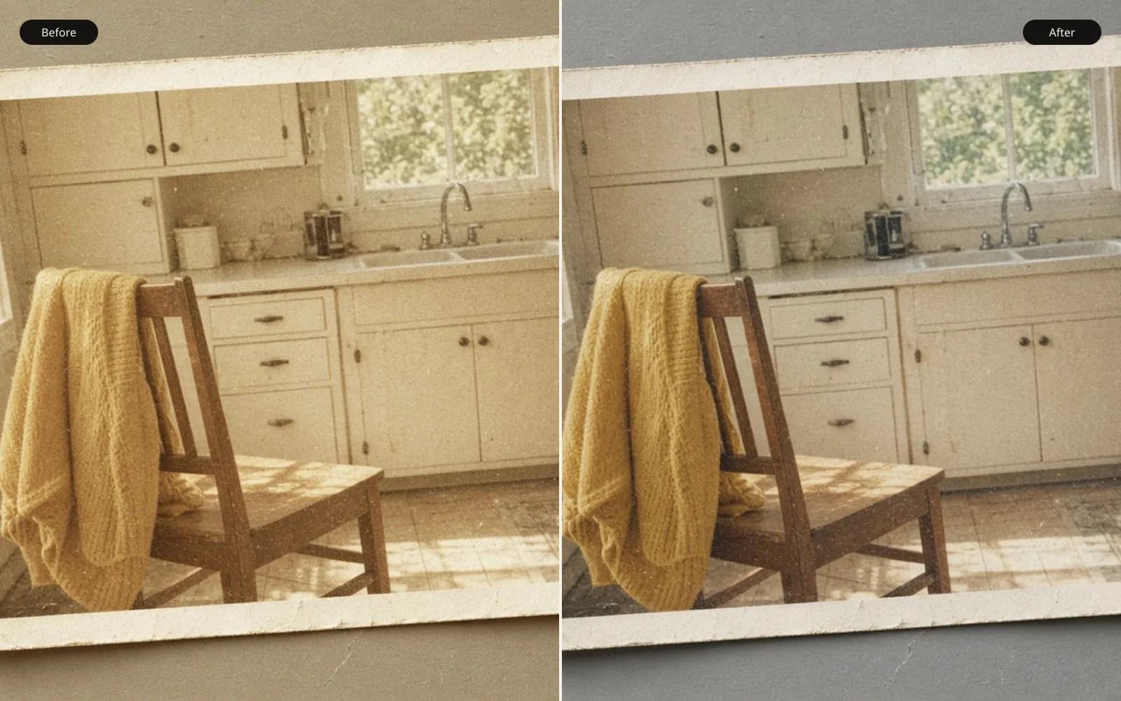 Before and after of a faded kitchen snapshot lying on a table. Left is the age damage. Right is the same photograph kept sharp.