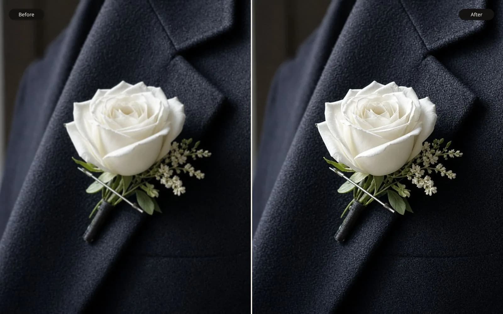 Before and after of a boutonniere on a wool lapel. Left is the blur damage. Right is the same photograph kept sharp.