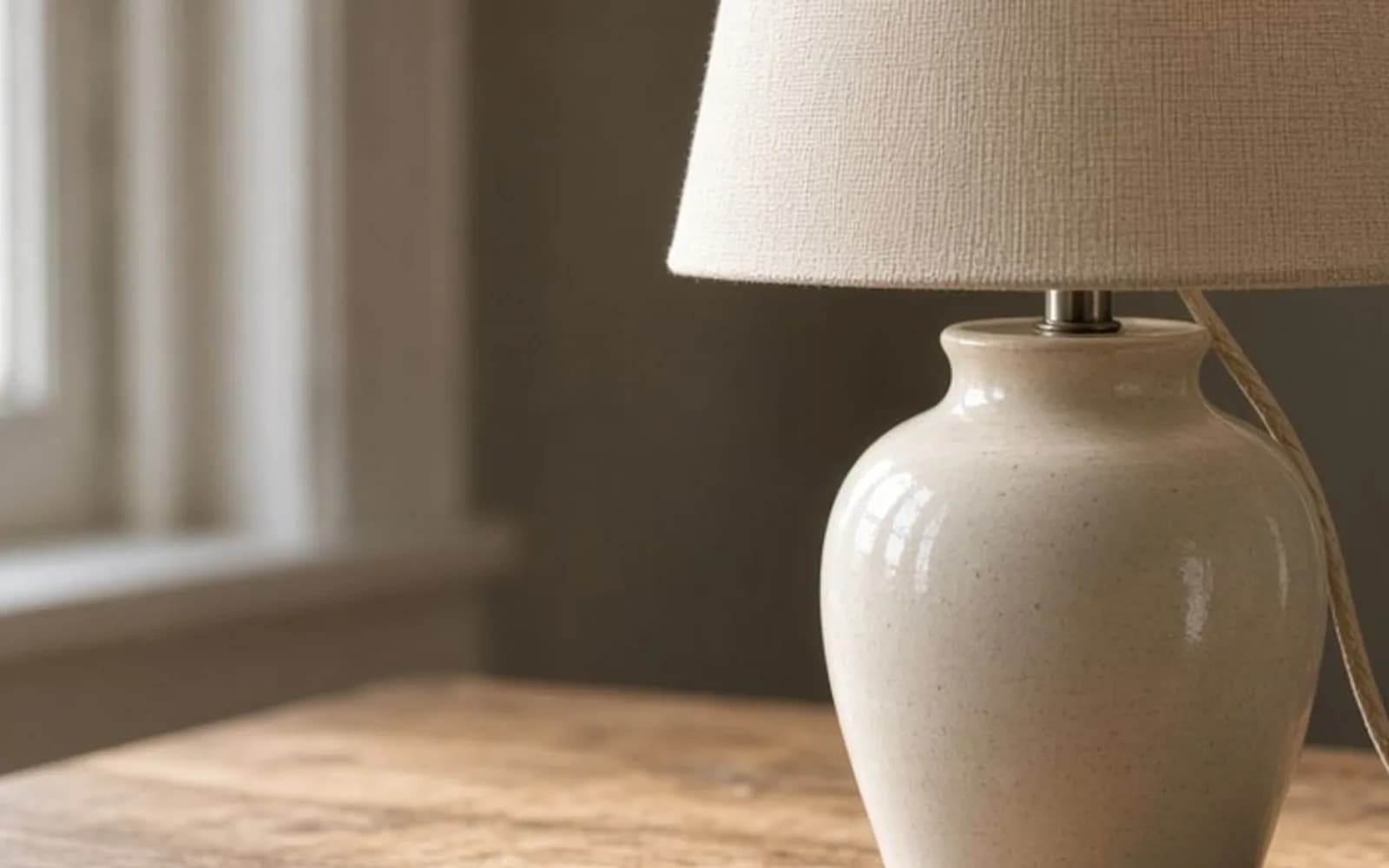 Close crop of a ceramic lamp on an oak desk with pixel damage, the problem this guide is measuring.