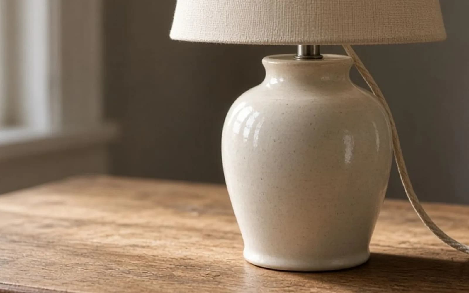 Close crop of a ceramic lamp on an oak desk with pixel damage, the problem this guide is measuring.