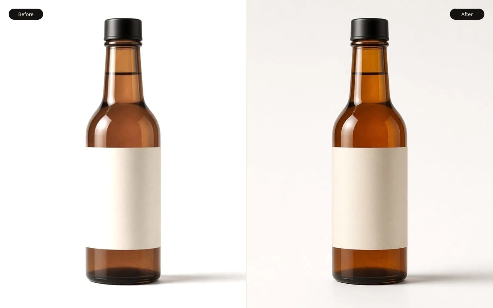 Before and after of an amber bottle on a white board. Left is the haze damage. Right is the same photograph kept sharp.