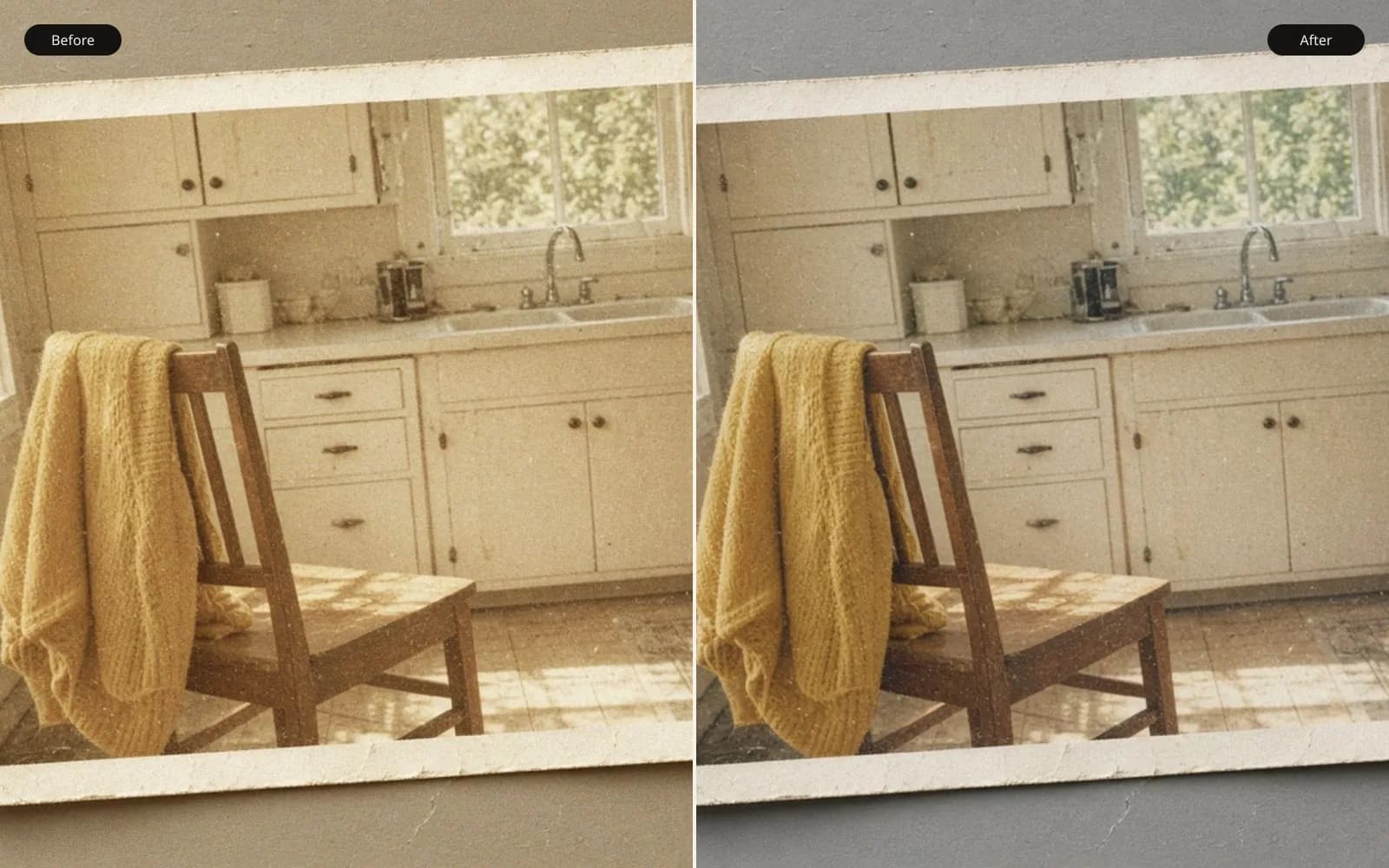 Before and after of a faded kitchen snapshot lying on a table. Left is the age damage. Right is the same photograph kept sharp.