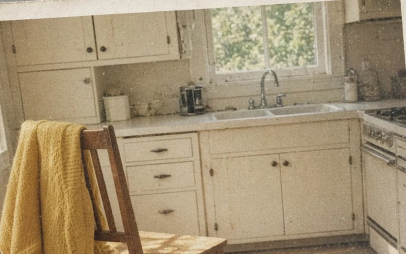 The same crop of a faded kitchen snapshot lying on a table without the age damage, kept for comparison.