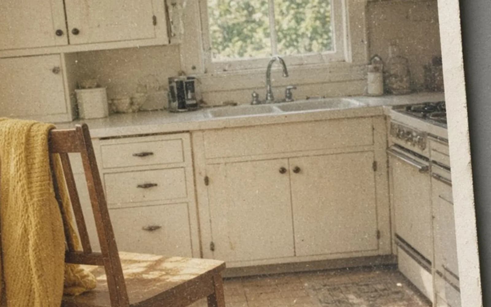 The same crop of a faded kitchen snapshot lying on a table without the age damage, kept for comparison.