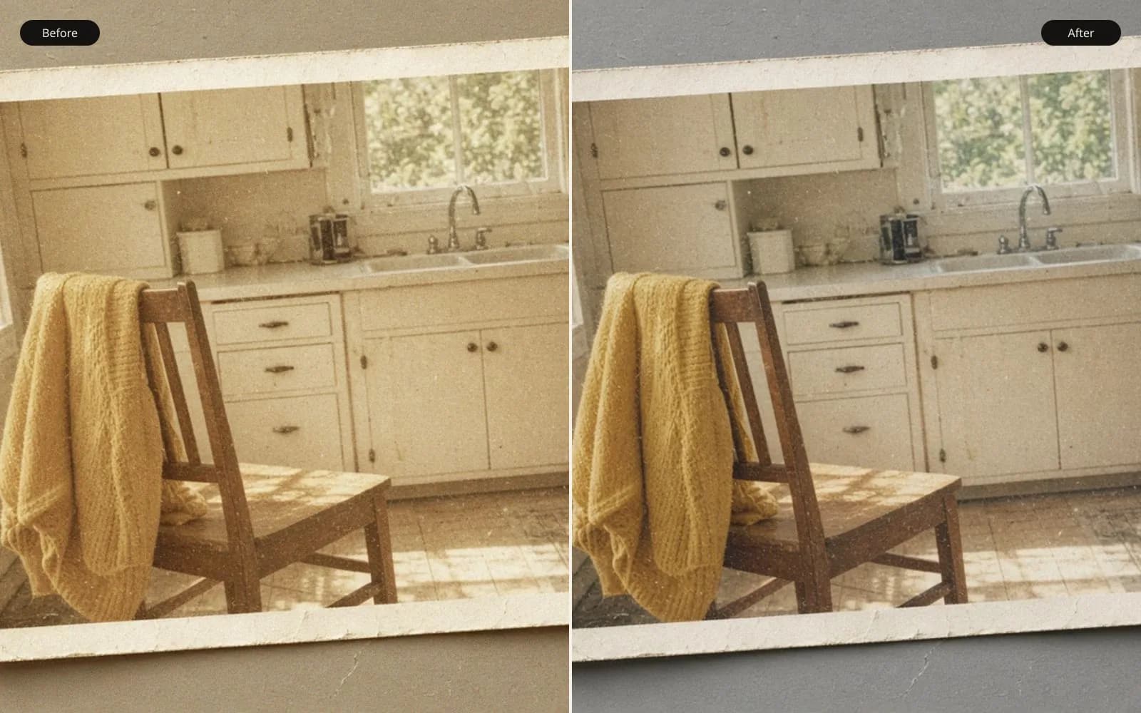 Before and after of a faded kitchen snapshot lying on a table. Left is the age damage. Right is the same photograph kept sharp.